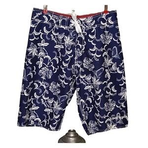 Island Haze 30" Waist Approx Mens Small Board Shorts Blue & White Hawaiian Print